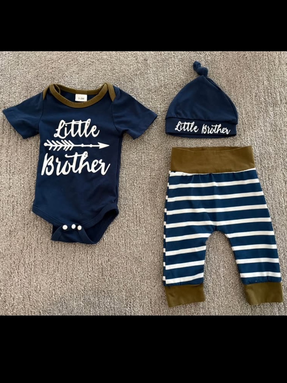 “Little Brother" Baby Bodysuit, Stripe Pants and Hat Set- size 0-3 months